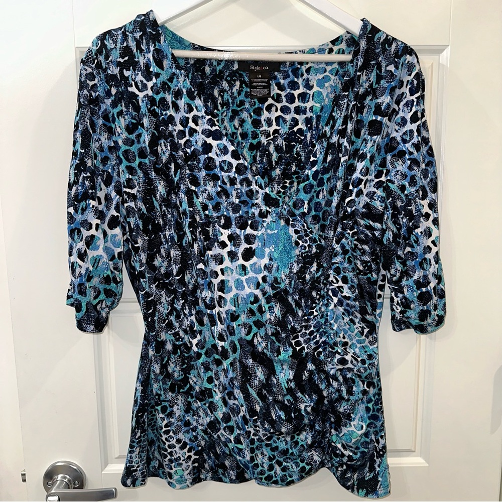 Style&Co Animal Print Blue Black Blouse with Ruched Front